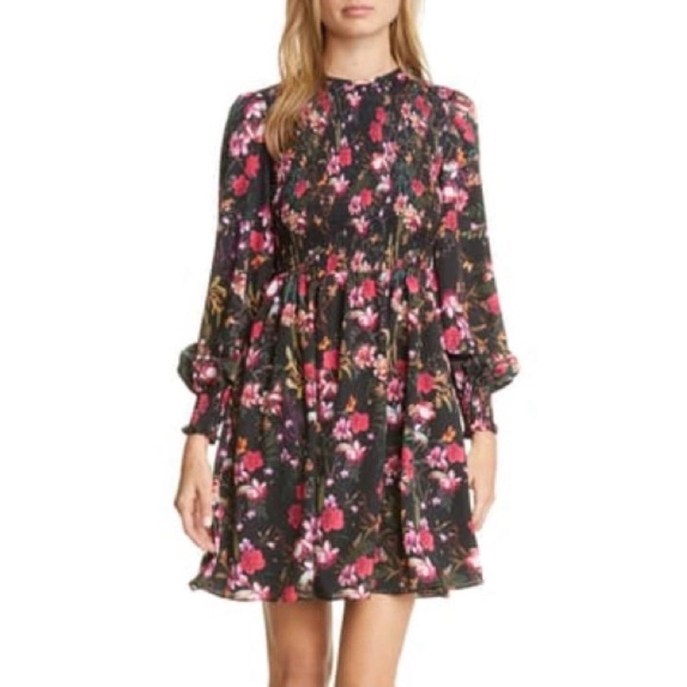 TED BAKER Aerrin Fern Forest Long Sleeve Dress Black Floral‎ Smocked (Size 4-6)